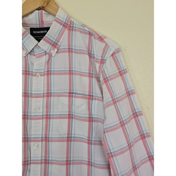 Bonobos Tailored Fit Shirt Mens Size Large Long Pink White Plaid Button Down - Picture 3 of 14